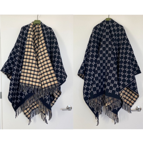Gucci Poncho GG Logo Reversible Fringed 100% Wool - Picture 6 of 16